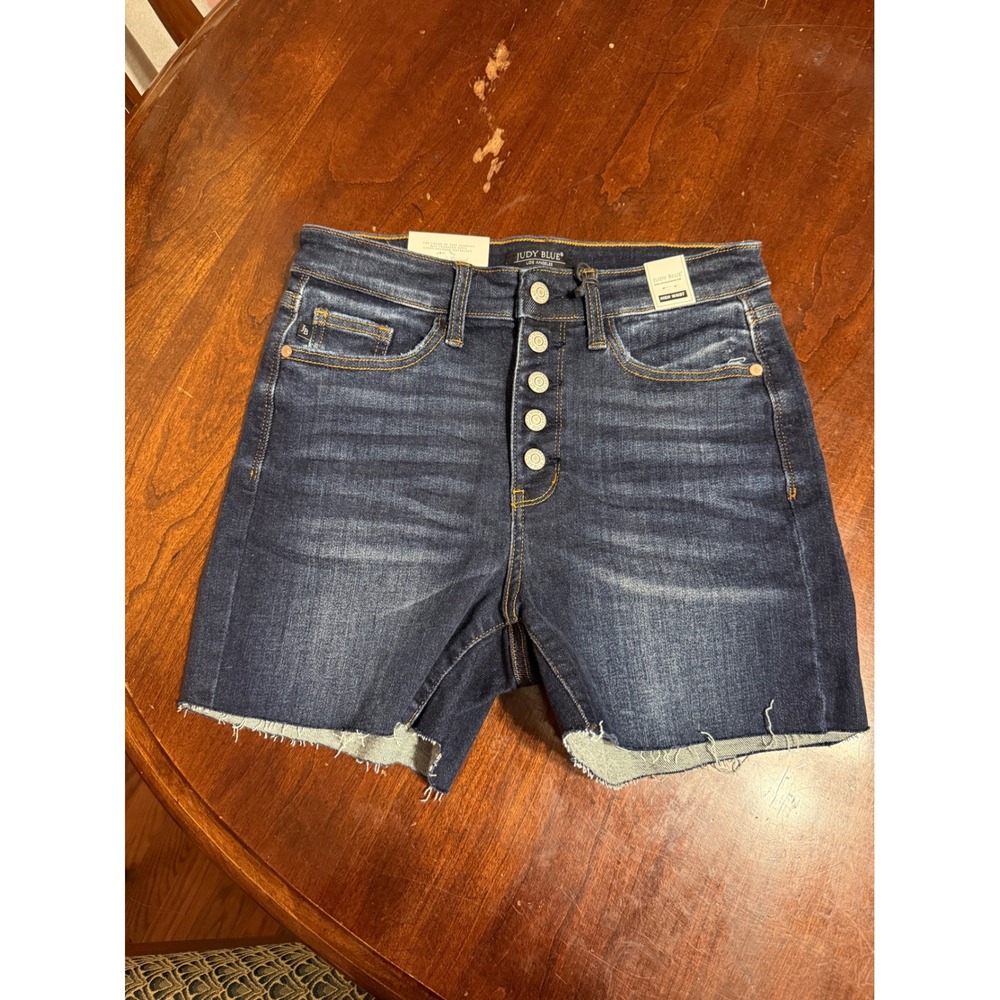 Judy Blue High Waist Button Fly Raw Hem Denim Shorts Dark Wash Blue M D-661-M